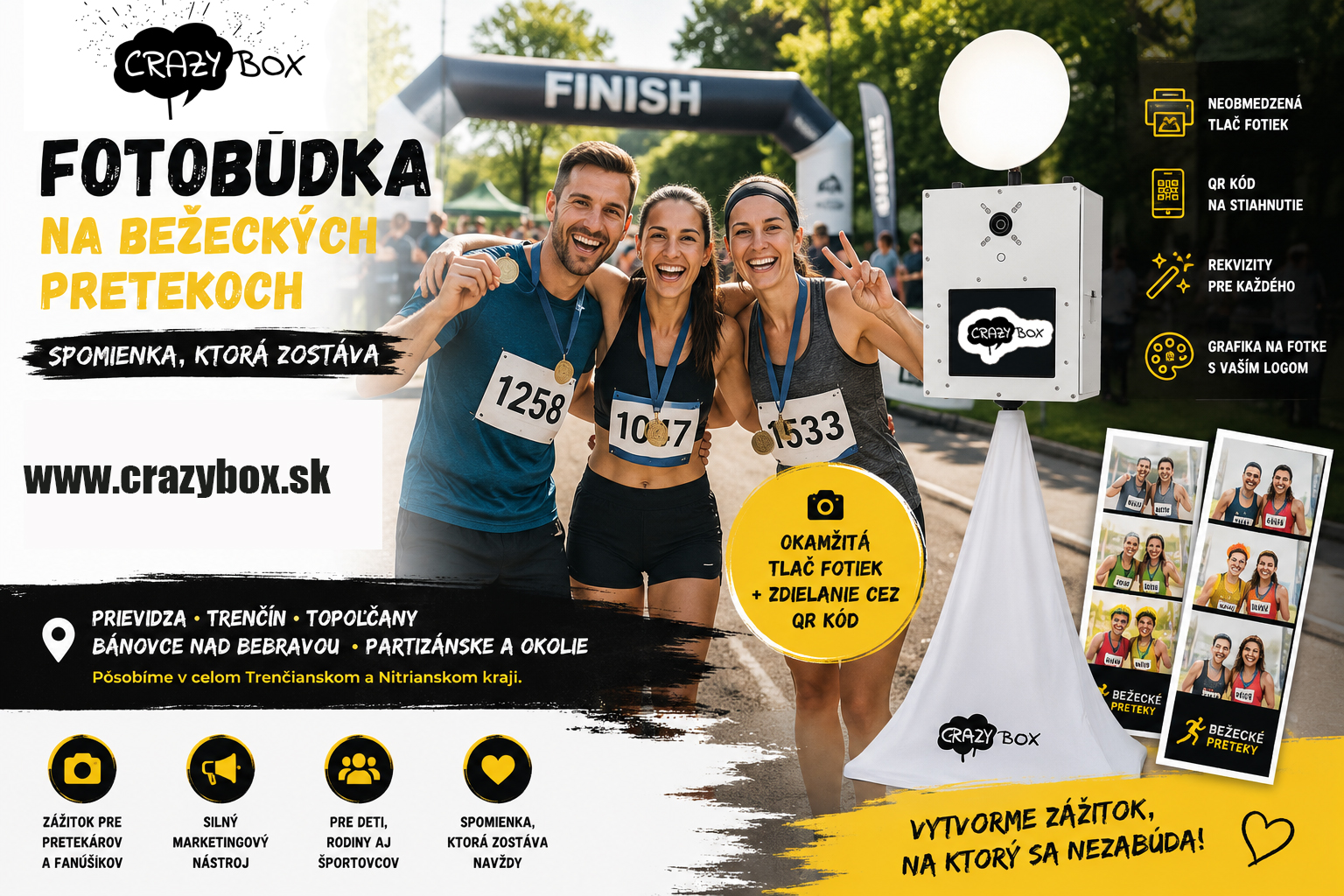 Trojica bežcov s medailami na štarte, v pozadí cieľová brána a reklamný fotokútik Crazy Box.